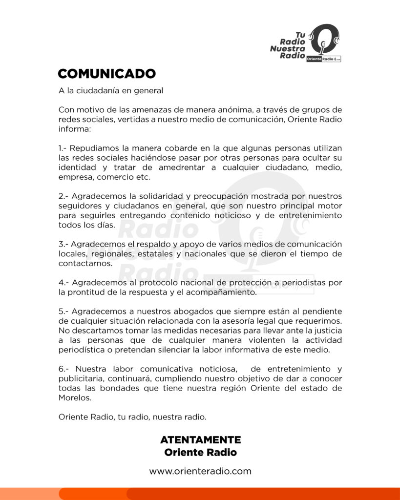 Emitimos el siguiente comunicado ante las amenazas vertidas a nuestro medio de comunicación.